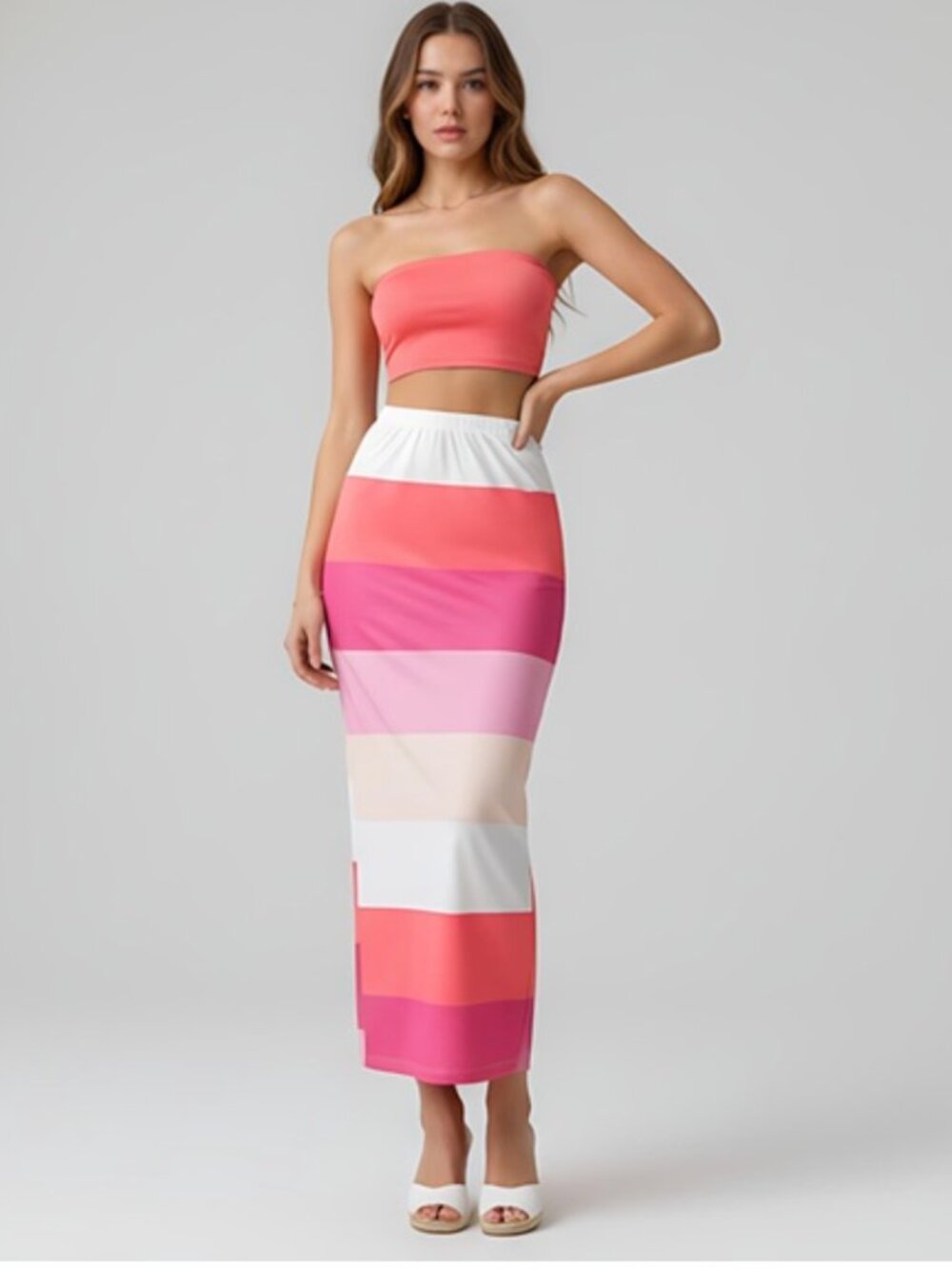 Color Block Slim Fit Tube Top And Elastic Waist Skirt